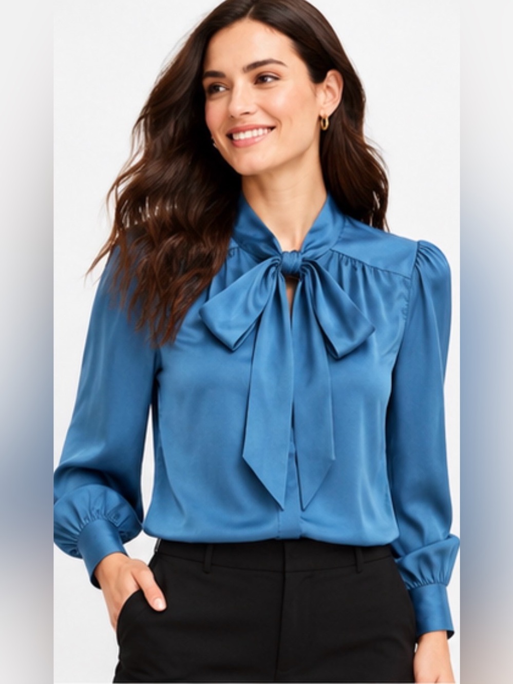 Ann Taylor Petite MP Blue Satin Tie Neck Bow Blouse Long Sleeve Career Top